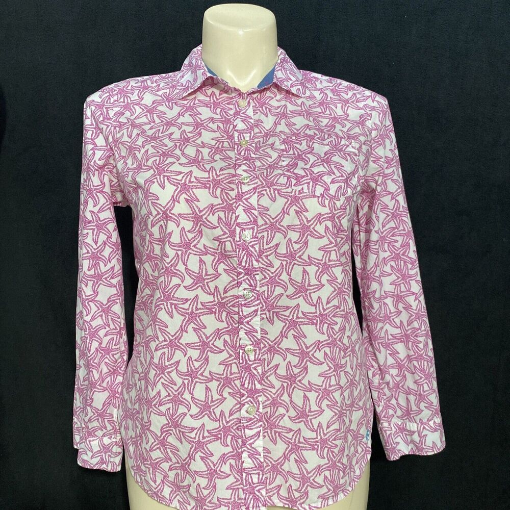 Talbots Top LARGE Petite White‎ Pink Starfish Button Front Ocean Theme Vacation